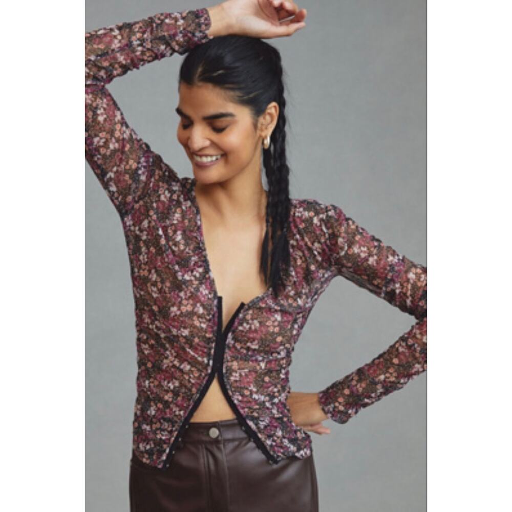 Anthropologie Floral Mesh Ruched Hook & Eye Front Top M NWOT